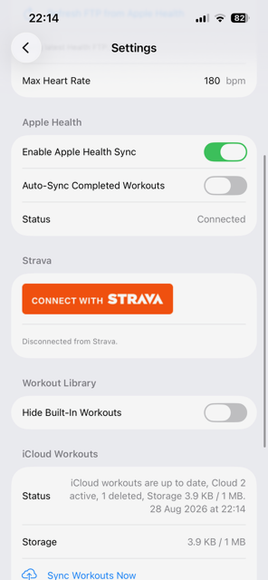 RideERG Settings with Strava connection and iCloud workout sync