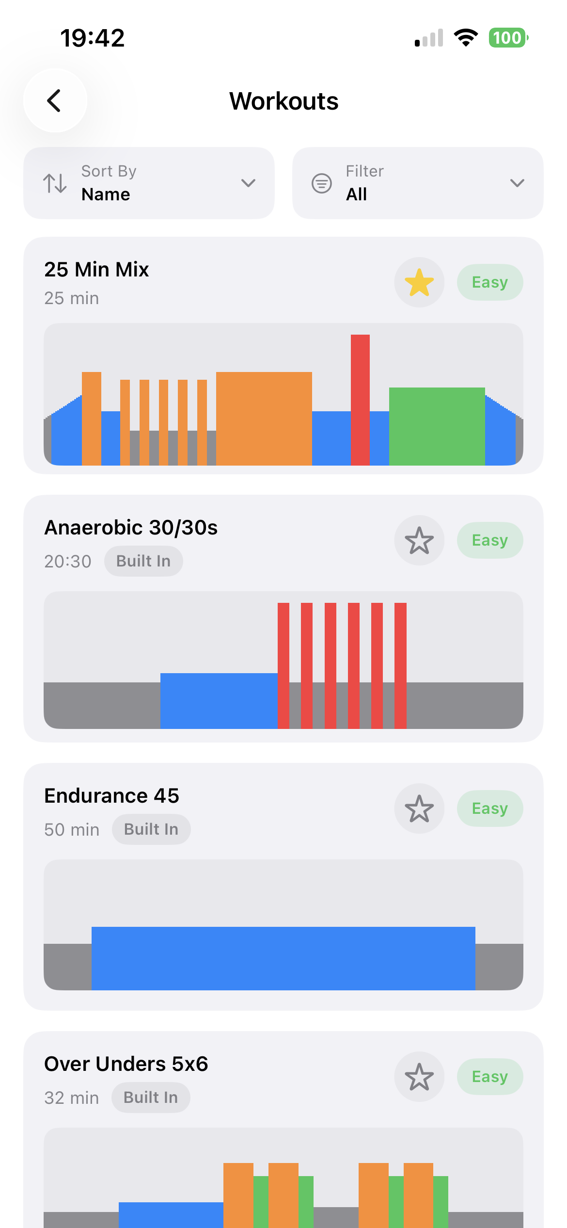 RideERG Workout Select Screen