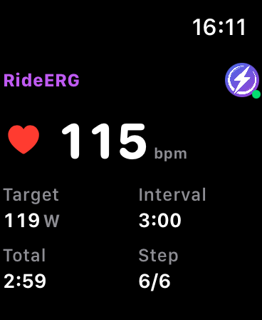 RideERG Apple Watch workout screen